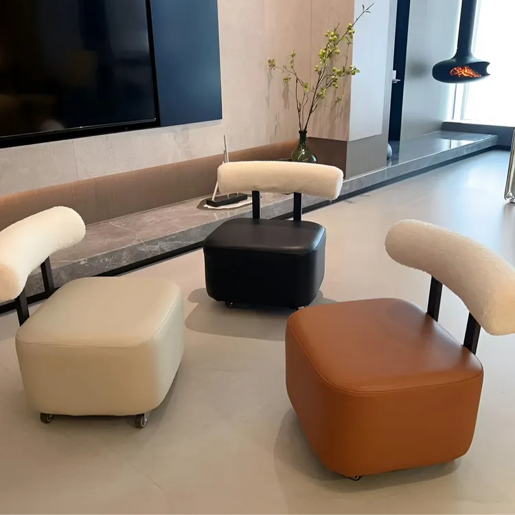 羊羔绒滑轮凳网红休闲矮凳客厅沙发凳门口换鞋凳万向轮带靠背