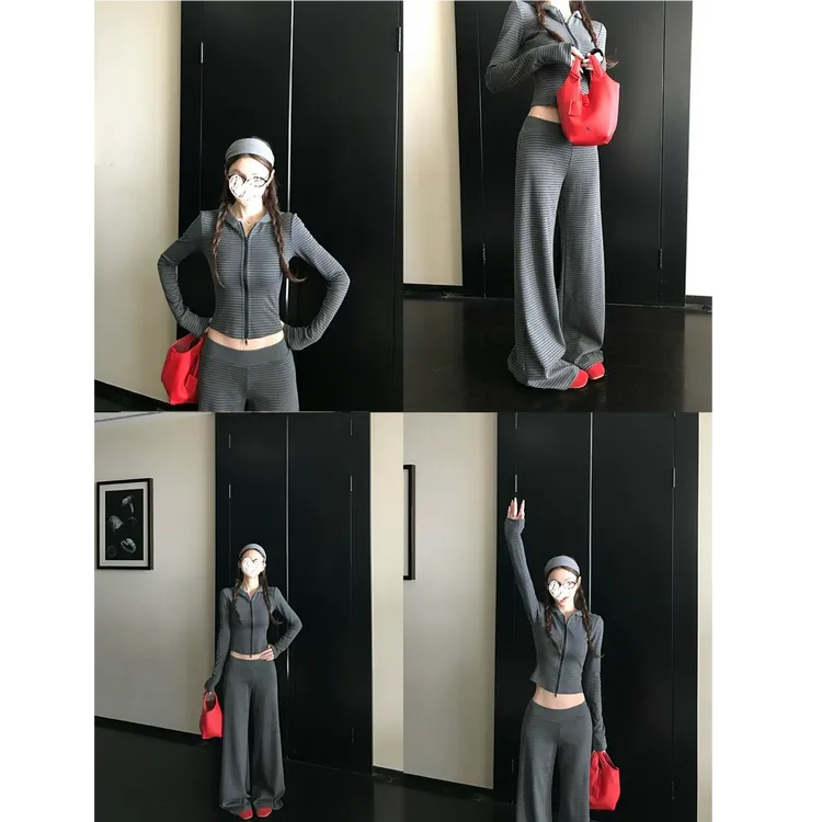 超绝腰臀比！“慵懒outfit”软糯条纹控入秋正肩连帽卫衣套装ZXH2244
