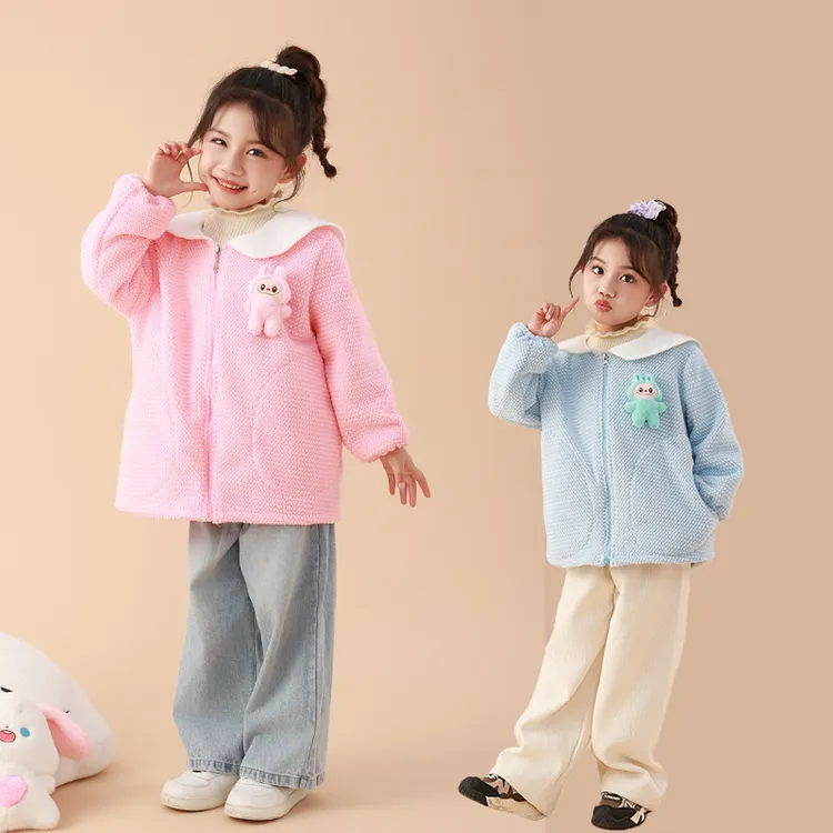 甜美女童宝宝加绒加厚保暖儿童兔耳朵可爱耐脏儿童防脏罩衣外穿