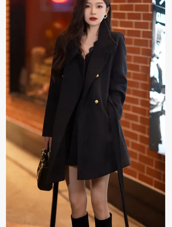 高级感中长款毛呢风衣外套正肩a字版大衣气质显瘦黑色秋季秋冬
