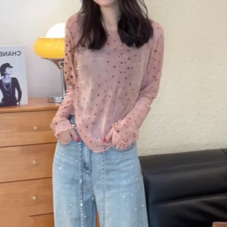 波点微透网纱防晒T恤女2025春季新款温柔氛围感时尚气质罩衫上衣