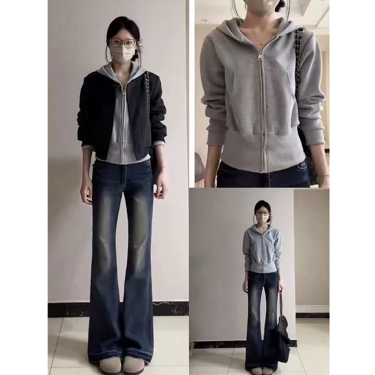 美式灰色短款连帽卫衣外套女春秋2025新款收腰开衫韩系慵懒风上衣