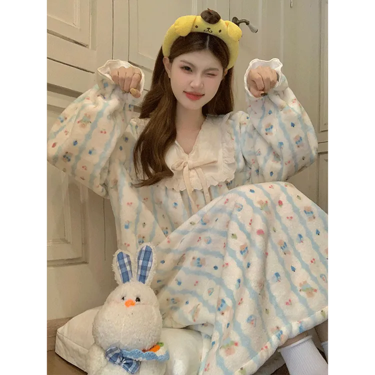 珊瑚绒睡衣女春秋冬季保暖甜美气质家居服网红睡裙