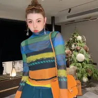 【HAV】  新款时髦百搭高领彩虹渐变色显瘦修身长袖套头上衣
