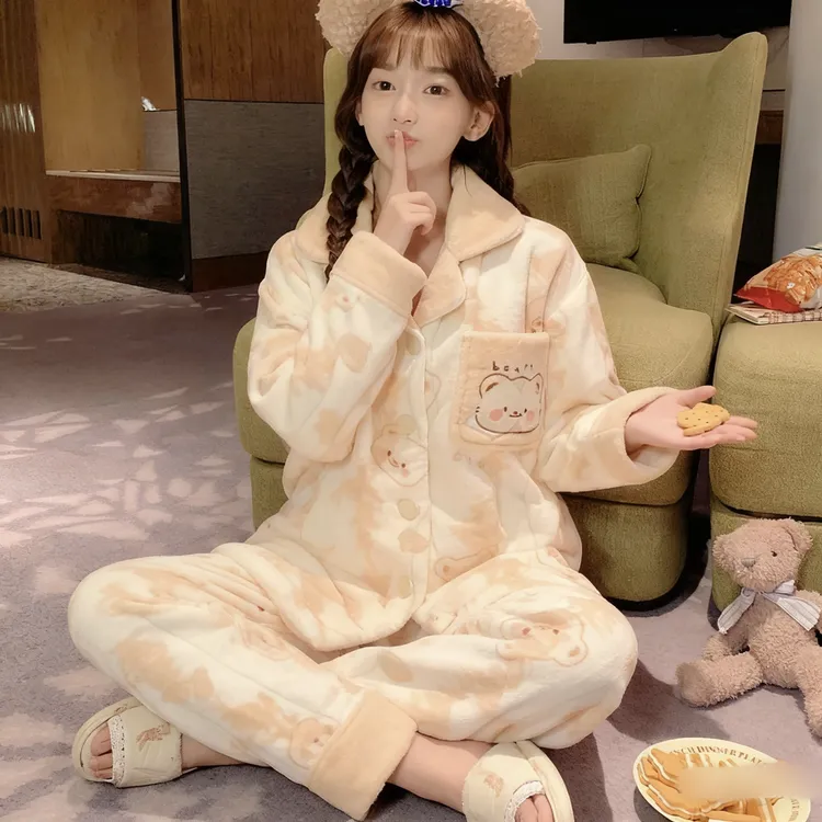2025新款可爱法兰绒睡衣女款秋冬季加绒加厚珊瑚绒冬天保暖家居服