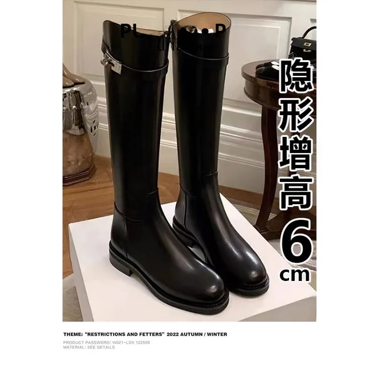 纽约时报~真皮斜口k*扣加绒粗跟高筒骑士靴女长靴时尚2025时装靴