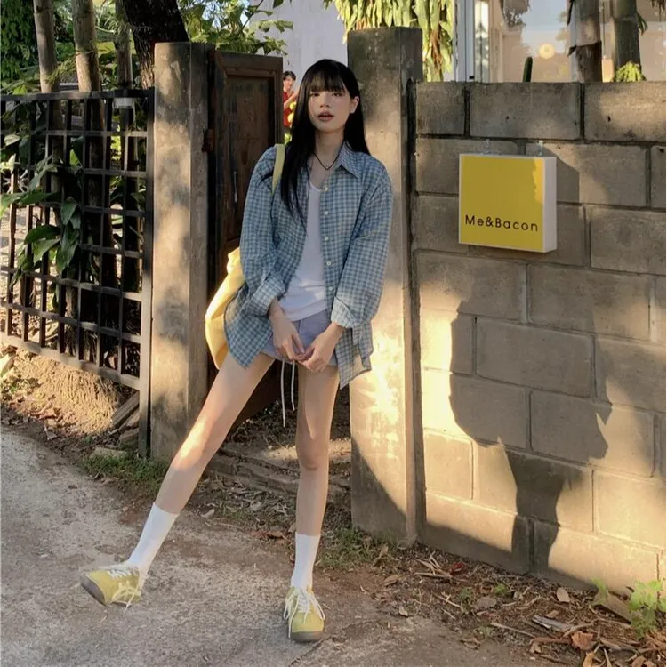 复古格子休闲长袖衬衫女春季2025新款慵懒中长款薄款宽松外套上衣