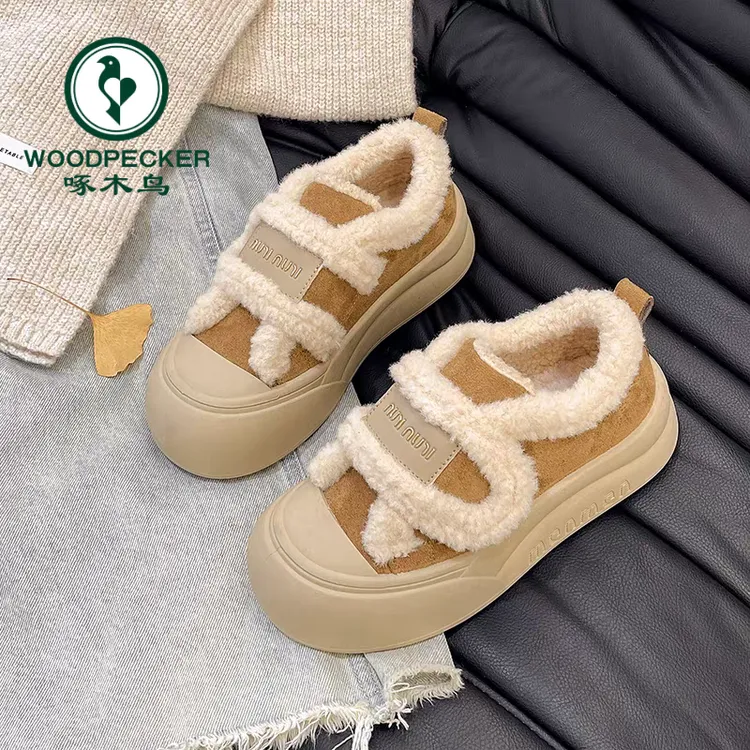 啄木鸟厚底魔术贴毛毛棉鞋女2025秋冬新款加绒保暖雪地靴休闲板鞋