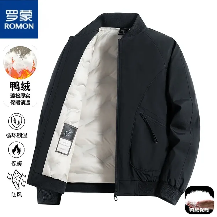 罗蒙秋冬厚款新国标白鸭绒男士羽绒服保暖御寒棒球领外套男