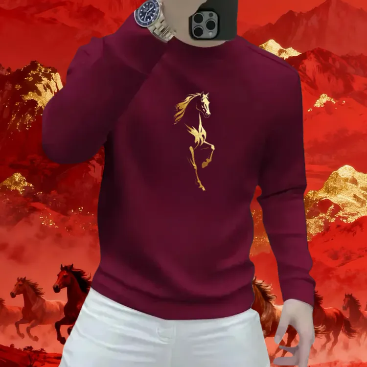 马年红色圆领修身卫衣男女款2026款本命年上衣服秋冬季加绒上衣服