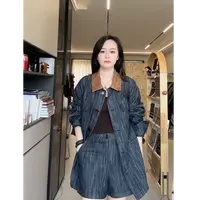 气质复古翻领牛仔感拼色短裤套装#0885/0887/0888