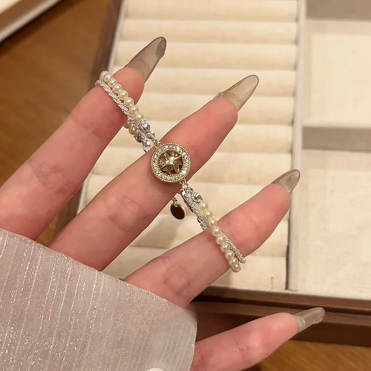 铜合金手链 高级感新款八芒星盘双层仿珍珠手链女轻奢小众精致