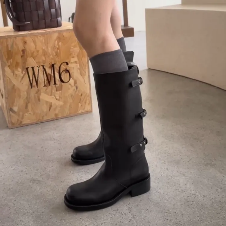 wm6女鞋真皮高筒靴英伦风时尚百搭皮带扣简约显瘦套筒长筒靴989-1