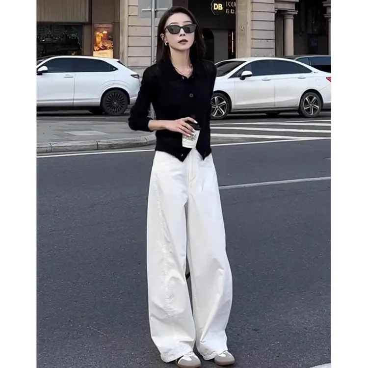 入秋穿搭一整套黑色长袖针织开衫宽松白色阔腿裤盐系炸街两件套装