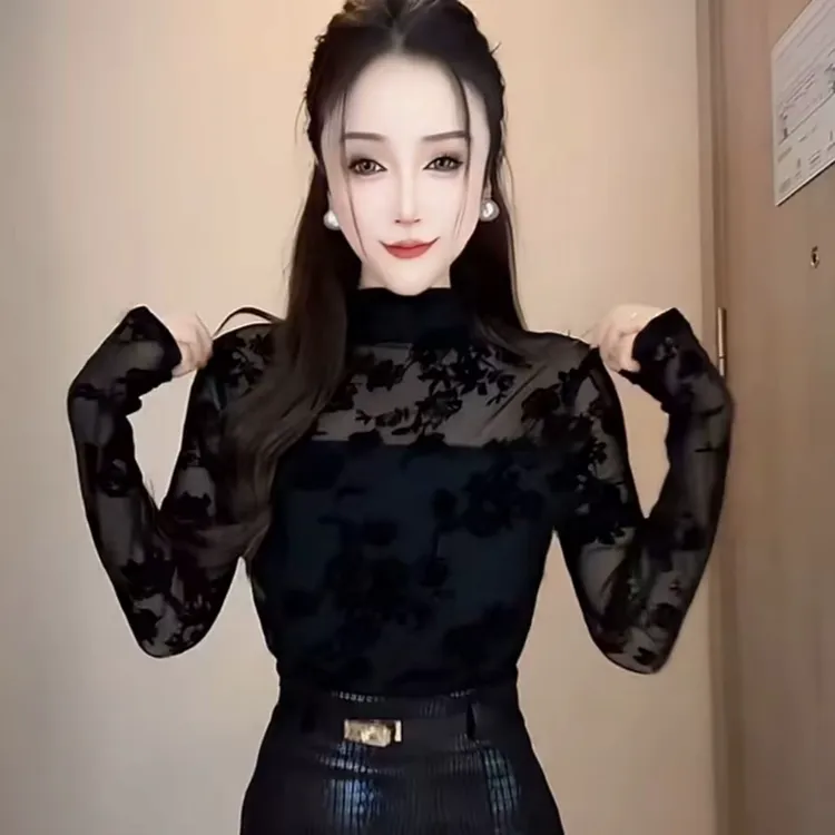 秋冬季新款黑色蕾丝打底衫洋派百搭半高领加绒长袖网纱上衣高级感