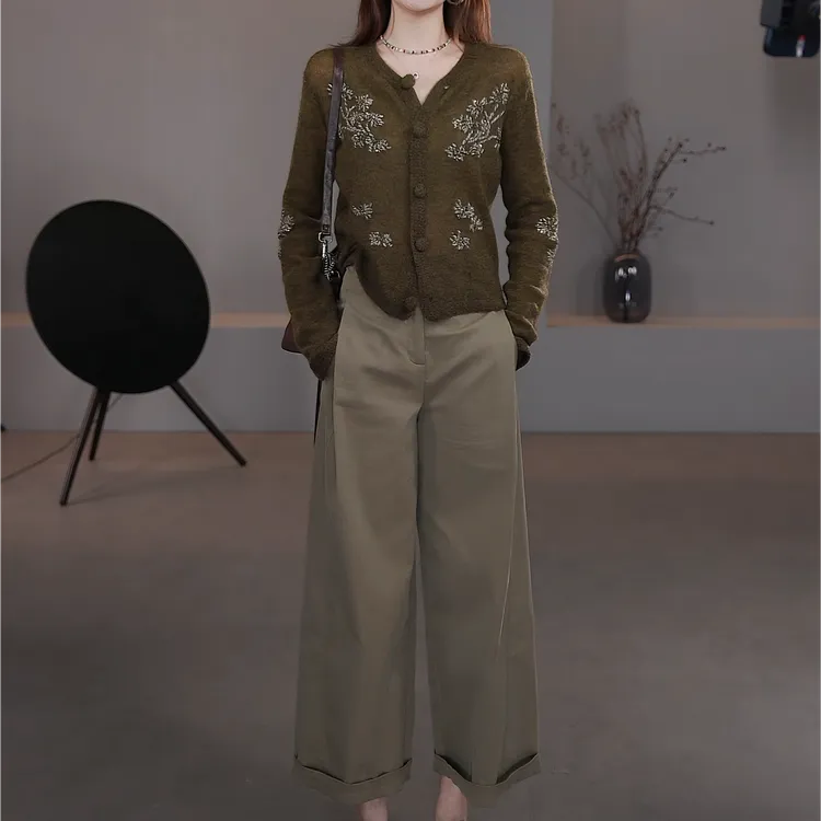 早秋2025年新款小众开衫毛衣外套+高腰显瘦休闲裤两件套LK2505769