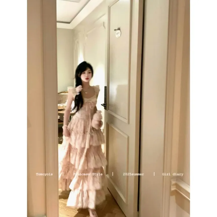 温柔甜美小飞袖碎花收腰连衣裙女夏在逃公主粉色樱花蓬蓬蛋糕长裙