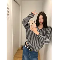 秀场条纹宽松韩系v领条纹毛织上衣A1766