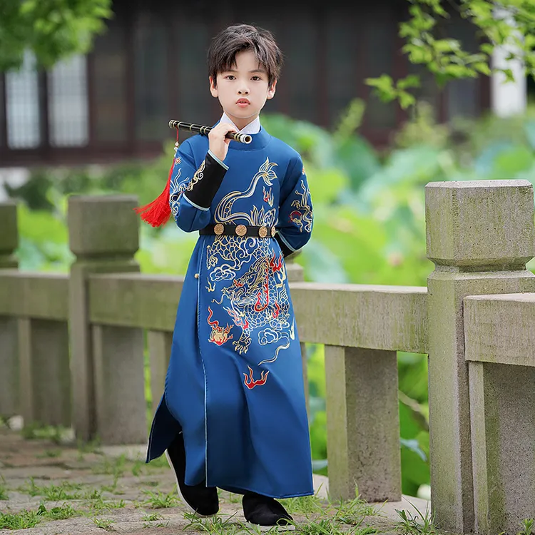 长款中式长袖刺绣中国风儿童汉服古装表演服男童幼儿园春秋演出