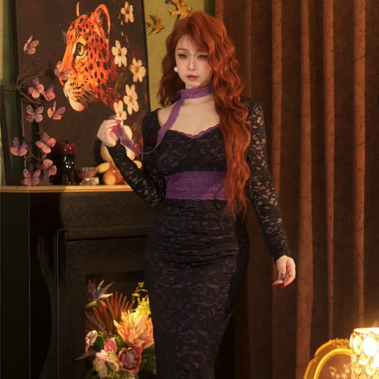 依泽专属B-babes【烟烟魅紫】大码法式纯欲V领蕾丝拼接长袖修身包臀裙秋冬