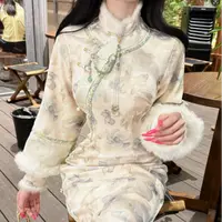 LHMknk1画报夫人原创自制针织提花清宫新中式秋冬旗袍 蓝茶格格