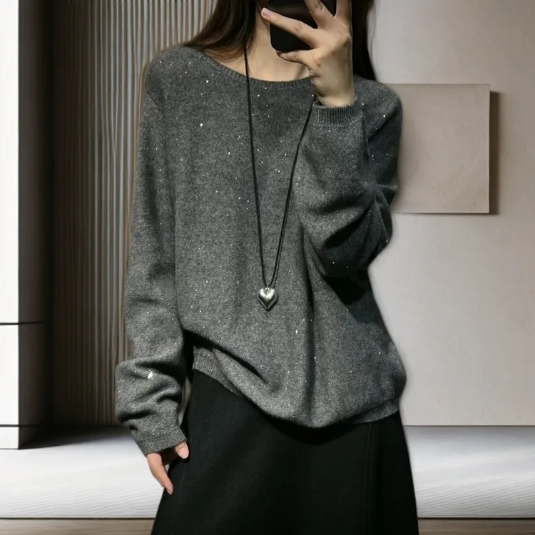 灰色圆领长袖针织衫女2025秋冬新款韩系宽松百搭细闪独特大码毛衣