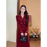 LiLi李李家【律政佳人】千金风法式假两件气质红色连衣裙XMZH9771
