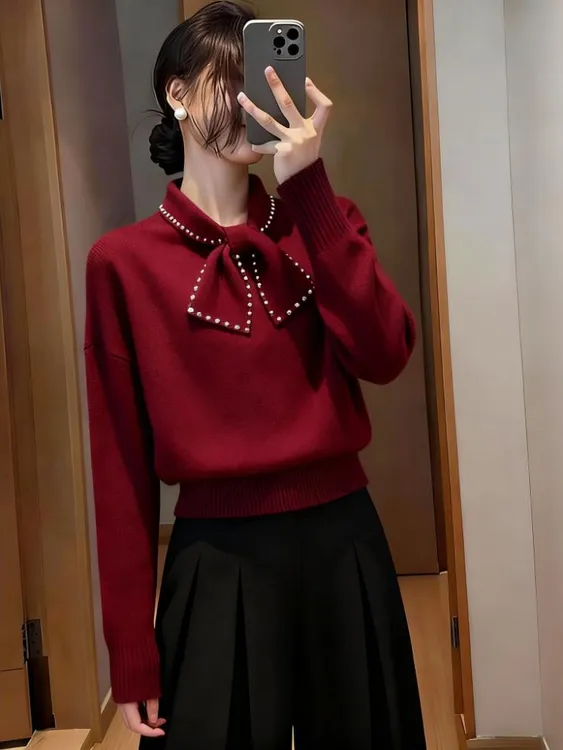 时尚氛围感蝴蝶结套头针织衫女2025秋冬新款内搭软糯气质显瘦毛衣