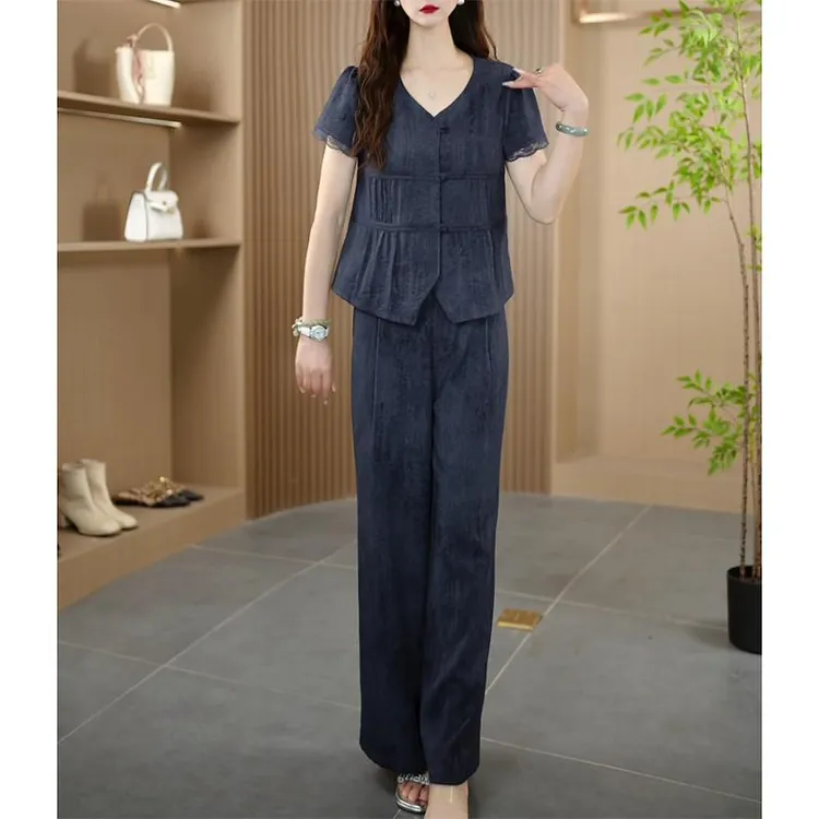 时尚休闲套装女2025夏季新款洋气显瘦设计感V领上衣阔腿裤两件套