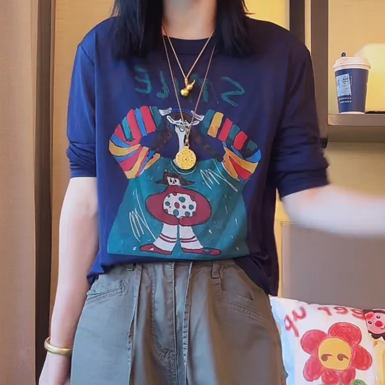 韩版设计款防晒T恤薄款长袖上衣女2025夏季新款休闲宽松圆领上衣