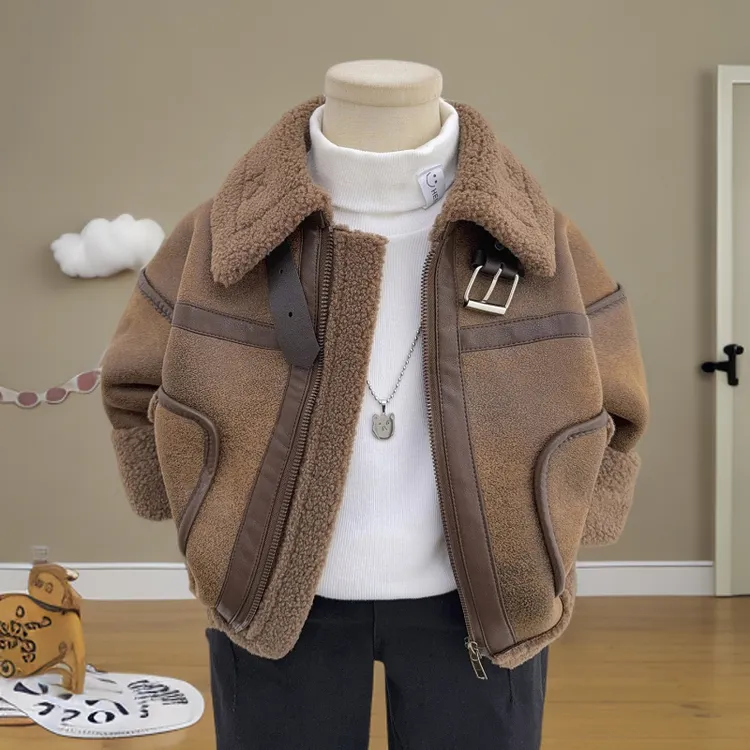 男童皮毛一体毛毛机车加绒外套2025秋冬新款儿童皮草加厚夹克上衣