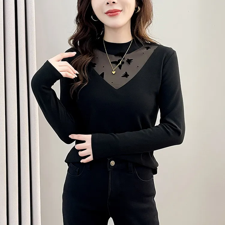 微米绒网纱蝴蝶时尚加绒保暖打底蕾丝黑丝性感百搭