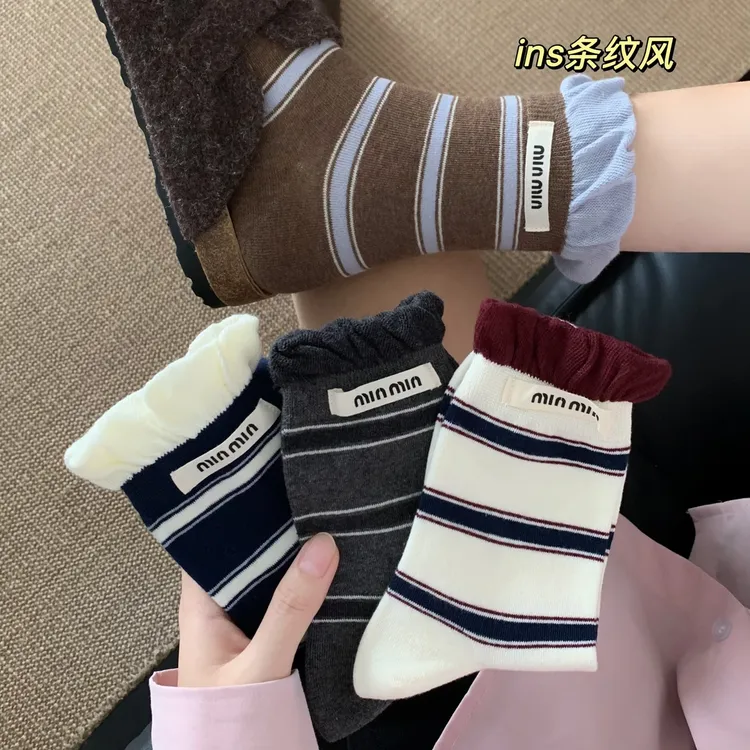 韩系泡泡口条纹秋冬中筒袜子无骨棉袜百搭ins复古堆堆女袜