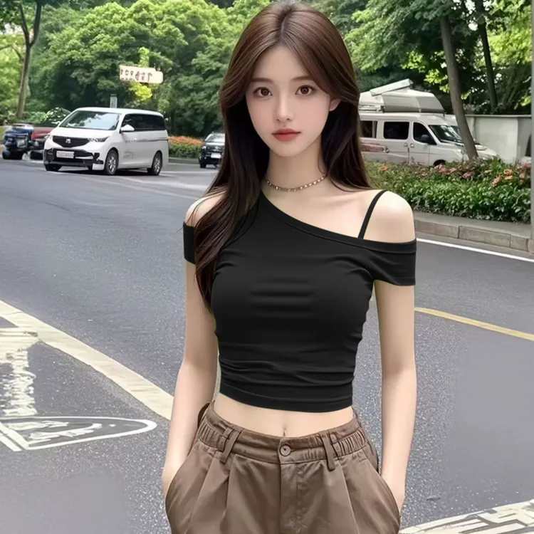 2025新款夏季修身露肩短袖t恤女性感辣妹短款一字肩上衣绝美显瘦