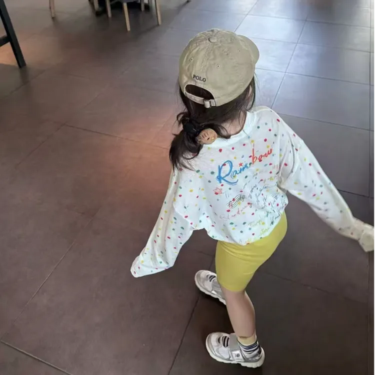 小思家女童套装2025夏季休闲韩版洋气波点字母印花上衣纯色骑行裤