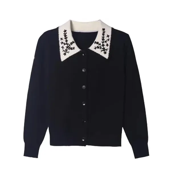 法式刺绣小花方领纯色气质减龄针织开衫上衣女1428