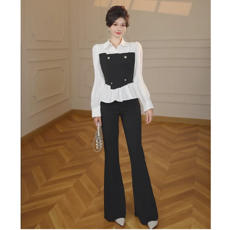 【张小小】【两件套】穿搭喇叭裤两件套女2025新款时尚衬衫套装D0496