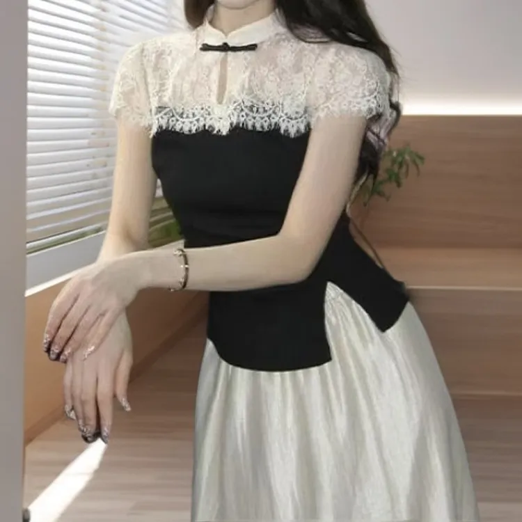 新中式气质甜美撞色蕾丝立领短袖t恤女2025夏季新款温柔优雅上衣
