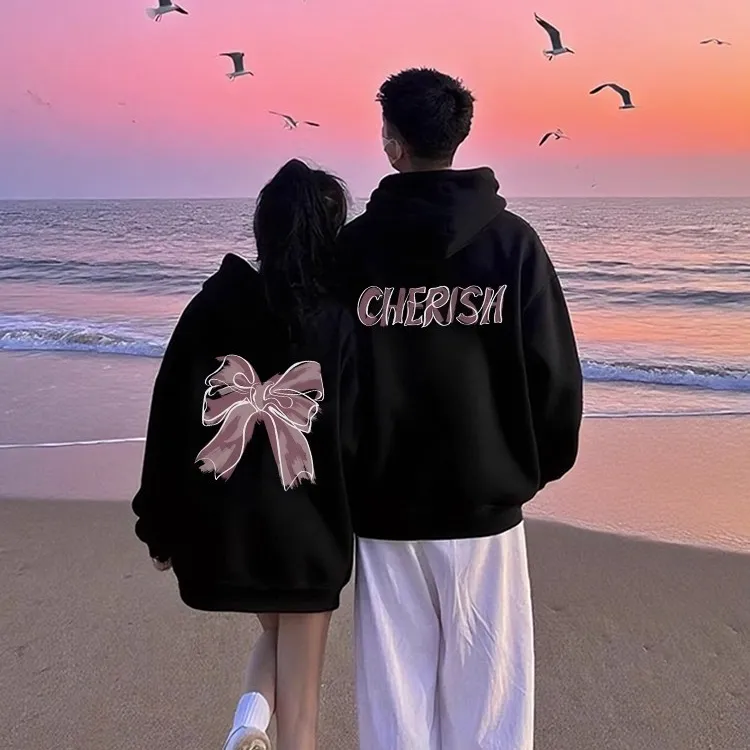 【两件装】早秋情侣装卫衣2025秋冬季新款连帽蝴蝶结纯棉宽松慵懒风