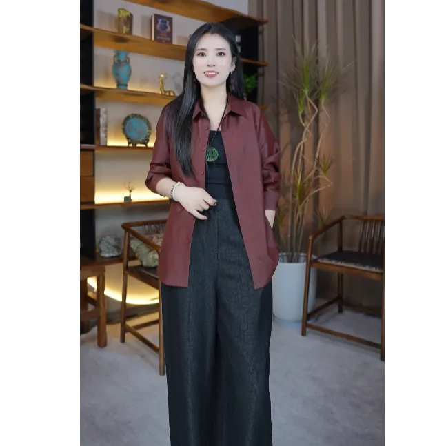 沐染2025秋夏新款新中式宽松桑蚕丝红云纱女士衬衫上衣C50915