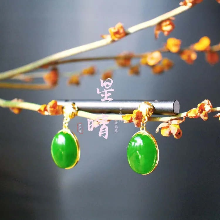 S925银镀金精品和田玉碧玉菠菜绿玉耳钉耳饰