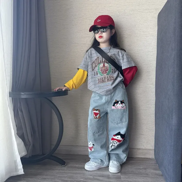 女童秋季时尚毛巾绣阔腿裤工装牛仔裤中大童时髦拼色卫衣打底衫潮