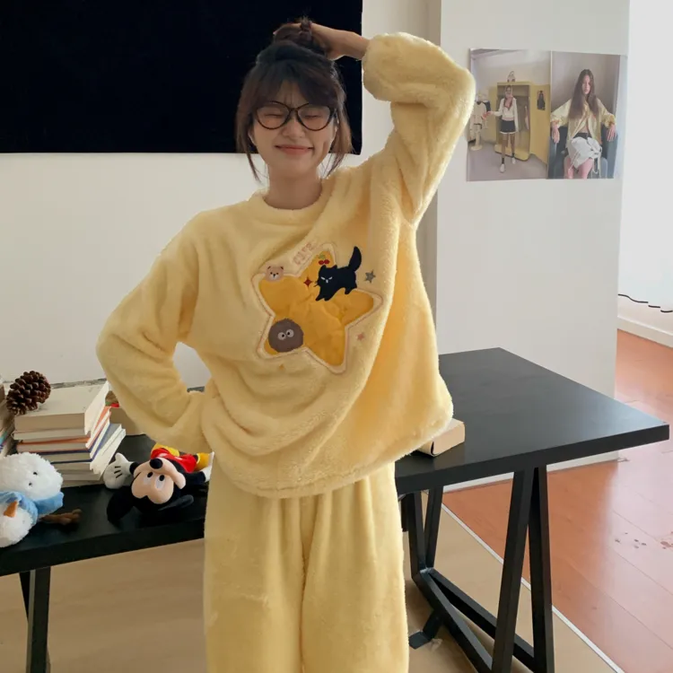 可爱卡通星星猫咪睡衣女冬季珊瑚绒保暖毛绒软绵绵套头家居服套装