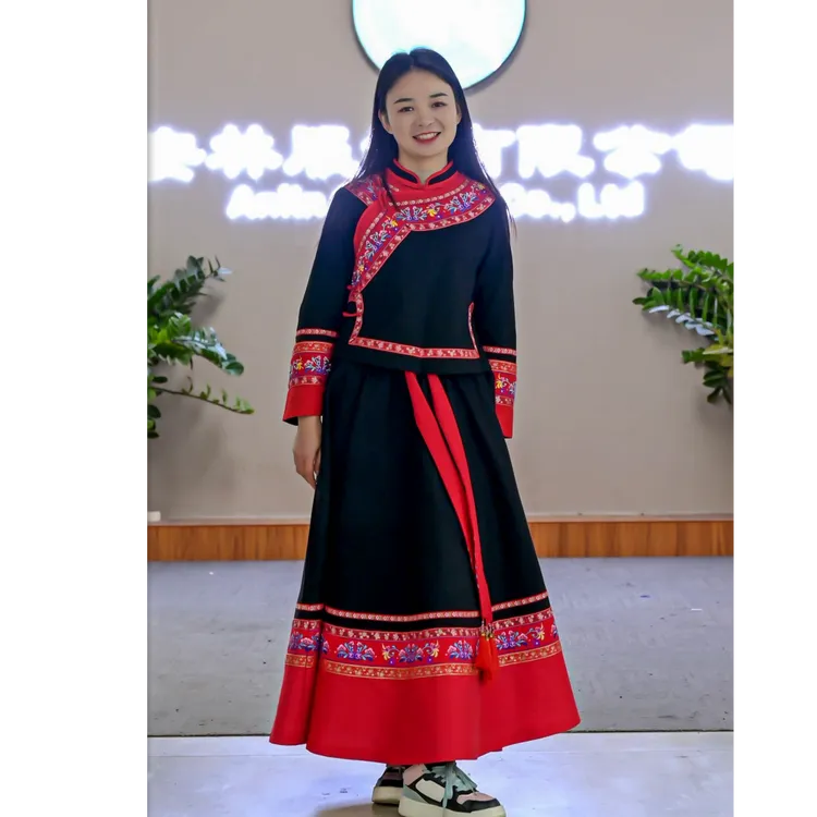 大摆裙裙子土布面料重工刺绣款壮族布依族服装长袖民族风女装