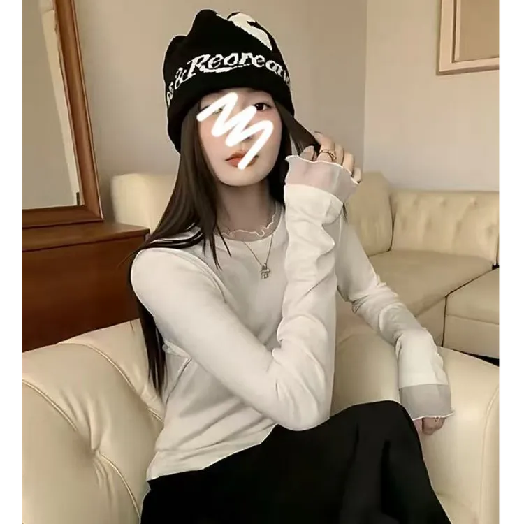 冬季新款加绒款T恤韩版女蕾丝拼接长袖时尚洋气百搭小上衣9211