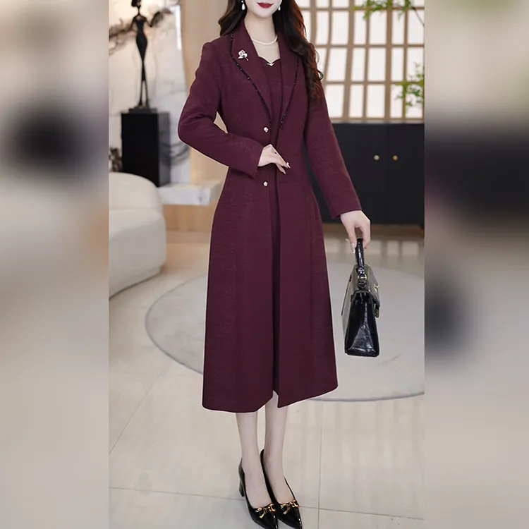 【两件套】时尚秋冬显瘦纯色气质轻奢典雅收腰风衣连衣裙外套-FC028
