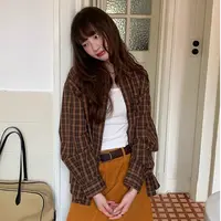 暖棕格调~复古氛围感百搭格纹衬衫春秋女宽松翻领贴袋长袖外套