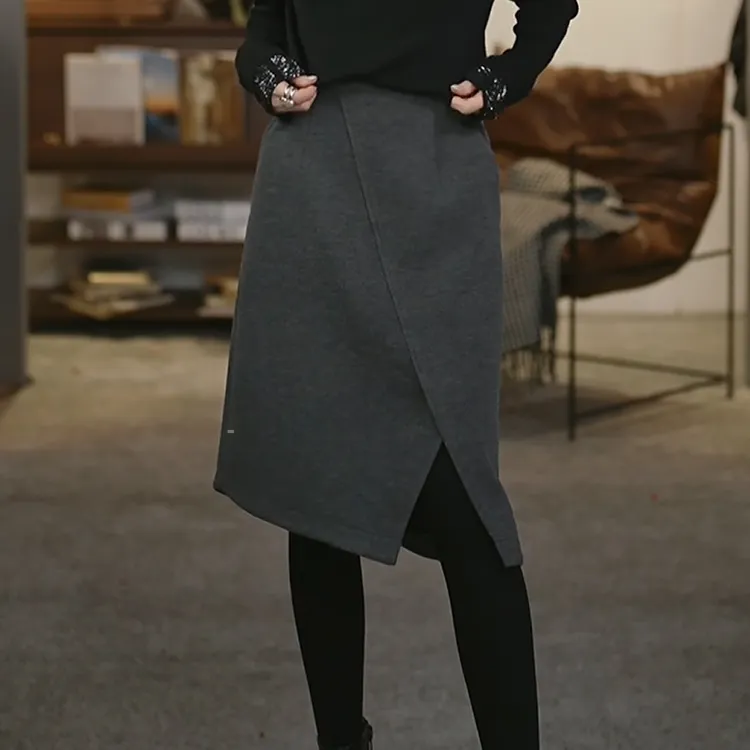 溶溶【羊毛糯米裙】RONGRONG 绵羊毛混纺暖糯拉腿线条半裙ZGQ6Q3732