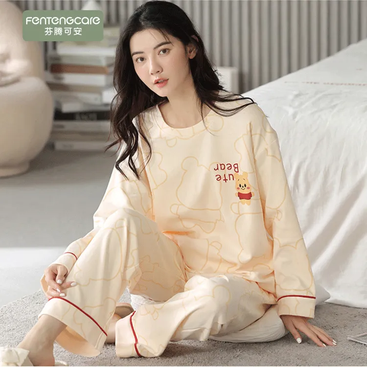 芬腾可安2025年春秋季睡衣女秋款纯棉长袖春秋冬家居服可外穿套装