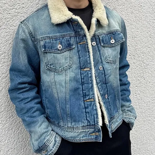 灏吉弧毛翻领牛仔外套男短款冬季棉服做旧加厚保暖棉衣夹克